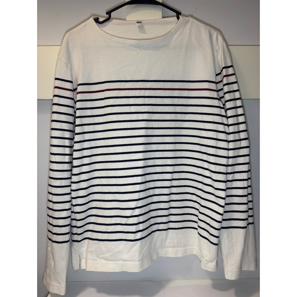 Uniqlo Women Striped Long Sleeve T-Shirt White Navy Maroon 100% Cotton M